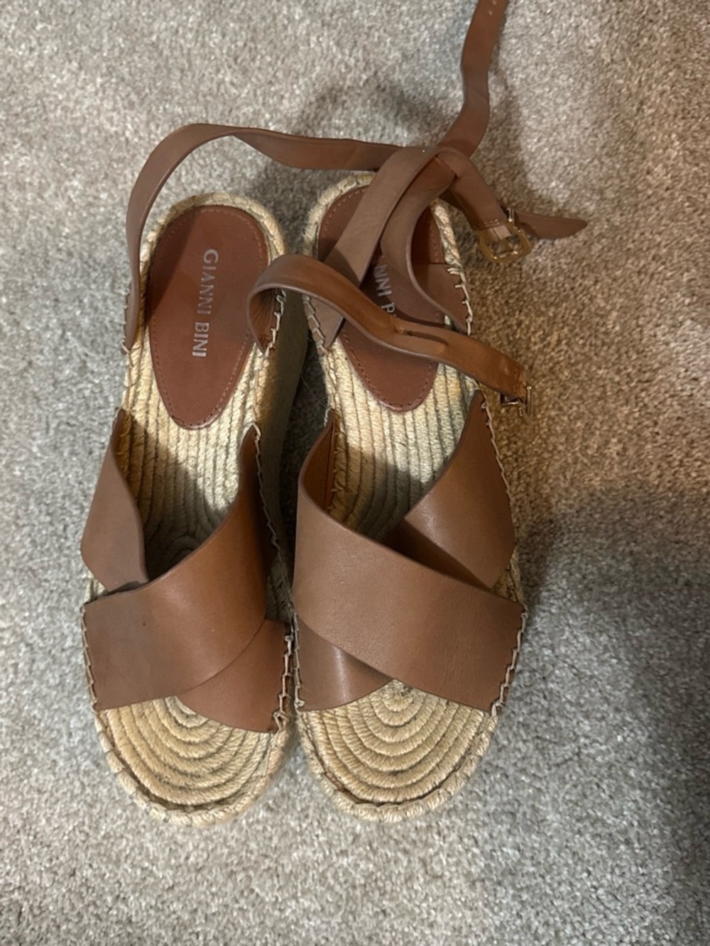 Gianni Bini Tan Leather Crisscross Espadrille Wedges